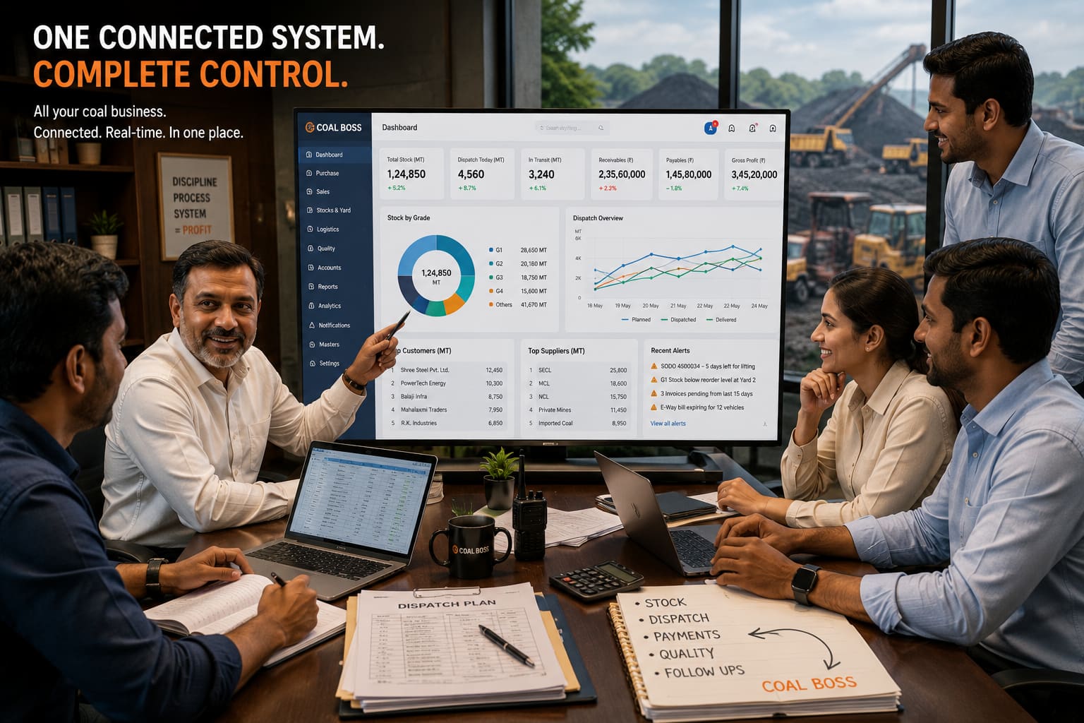 Coal business teams coordinating procurement, stock and dispatch in a connected operating environment