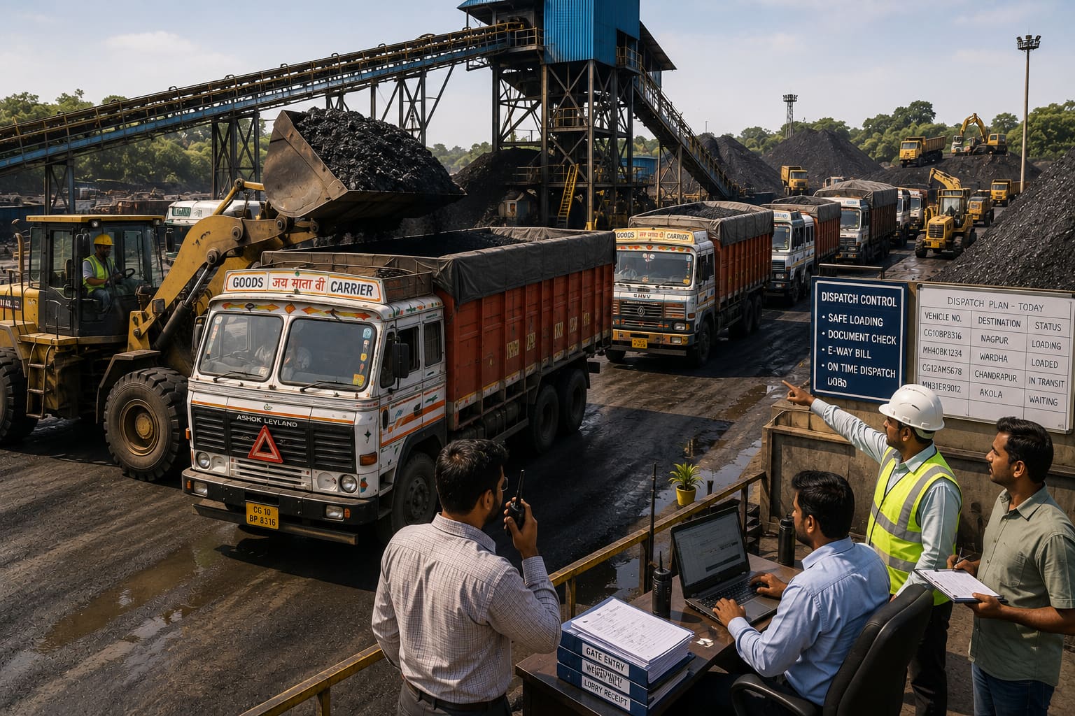 Large coal stockyard showing physical scale, stock piles and active truck movement