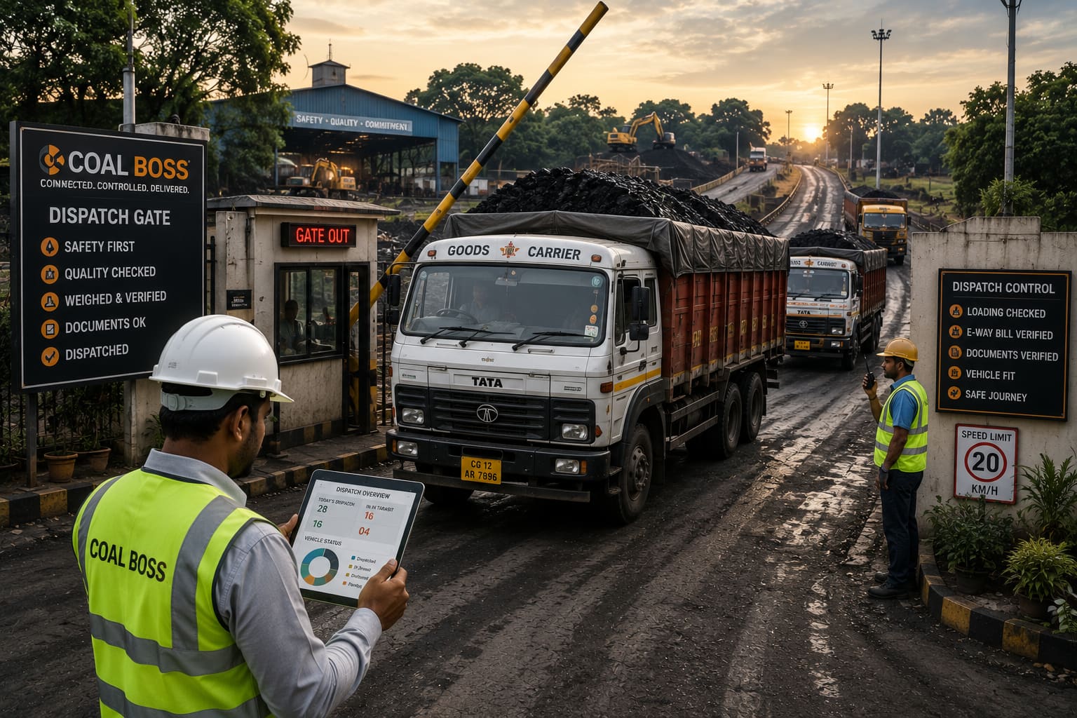 Loaded coal trucks moving through dispatch — road transport execution from the yard